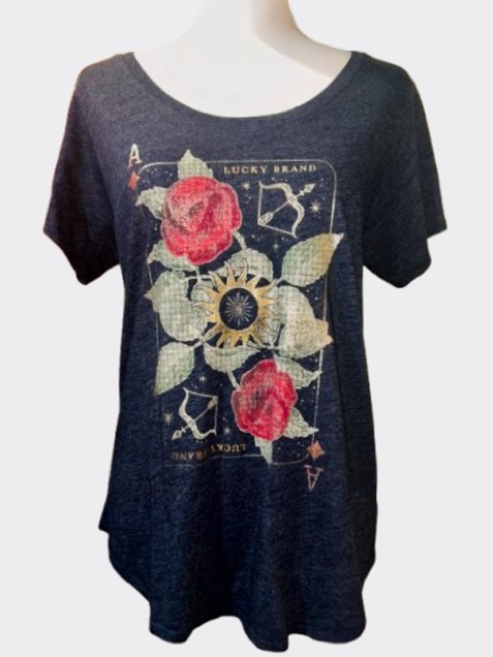 Lucky Brand Women's Medium Blue Scoop Neck Crosses Roses Ace Card
Graphic Tee